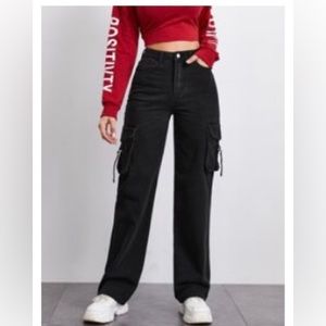 Black washed High-Rise Wide Leg Flap Pocket Patched Jeans